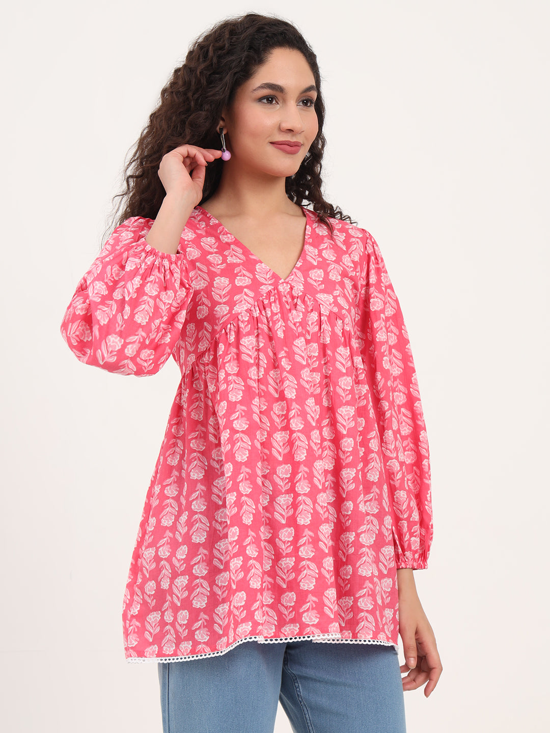 Pink Floral Print Cotton Fabric Regular Peplum Top