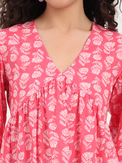 Pink Floral Print Cotton Fabric Regular Peplum Top