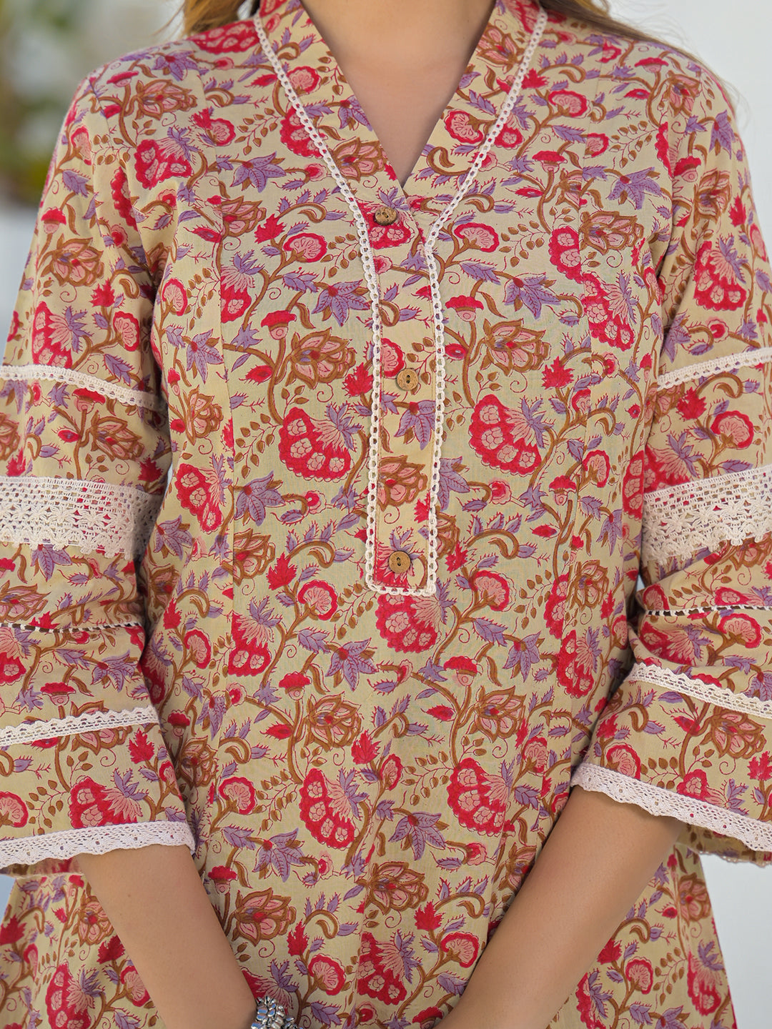 Beige Hand Block Cotton A-Line Kurta Pant Set With Dupatta