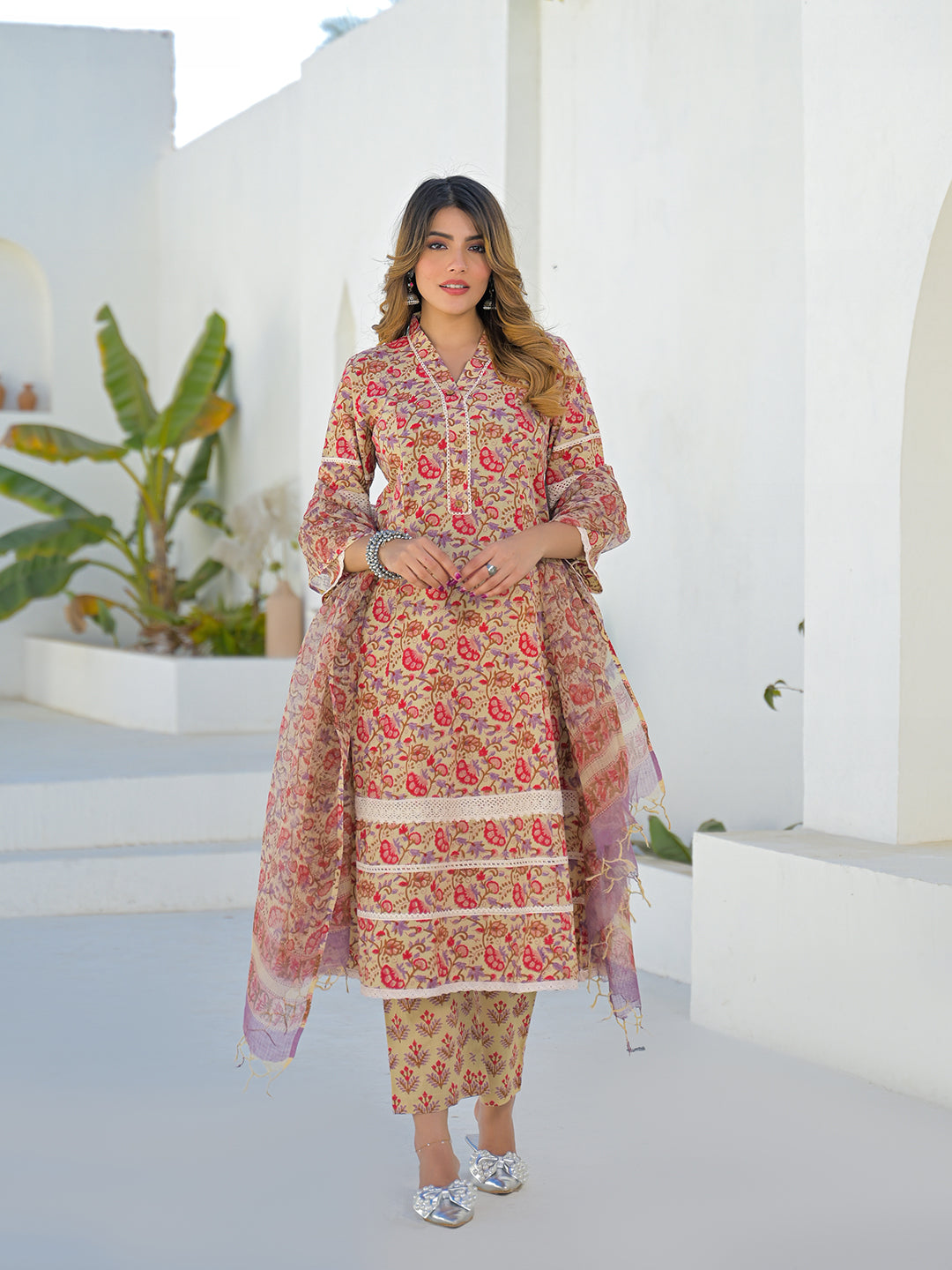 Beige Hand Block Cotton A-Line Kurta Pant Set With Dupatta
