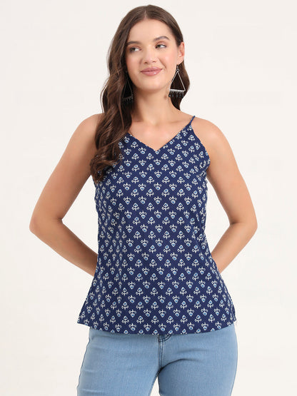 Indigo Printed Cotton Shoulder Strap Top