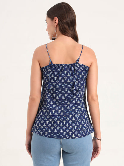 Indigo Printed Cotton Shoulder Strap Top