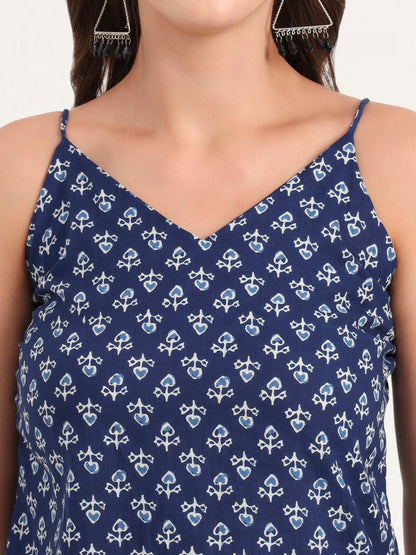 Indigo Printed Cotton Shoulder Strap Top