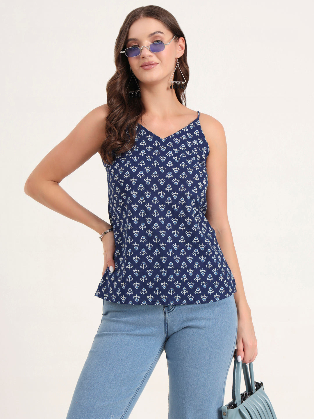 Indigo Printed Cotton Shoulder Strap Top