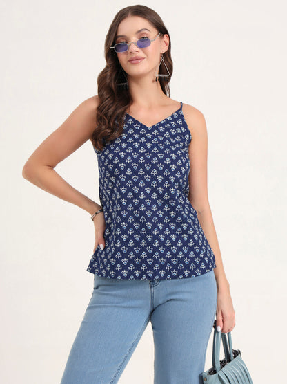 Indigo Printed Cotton Shoulder Strap Top