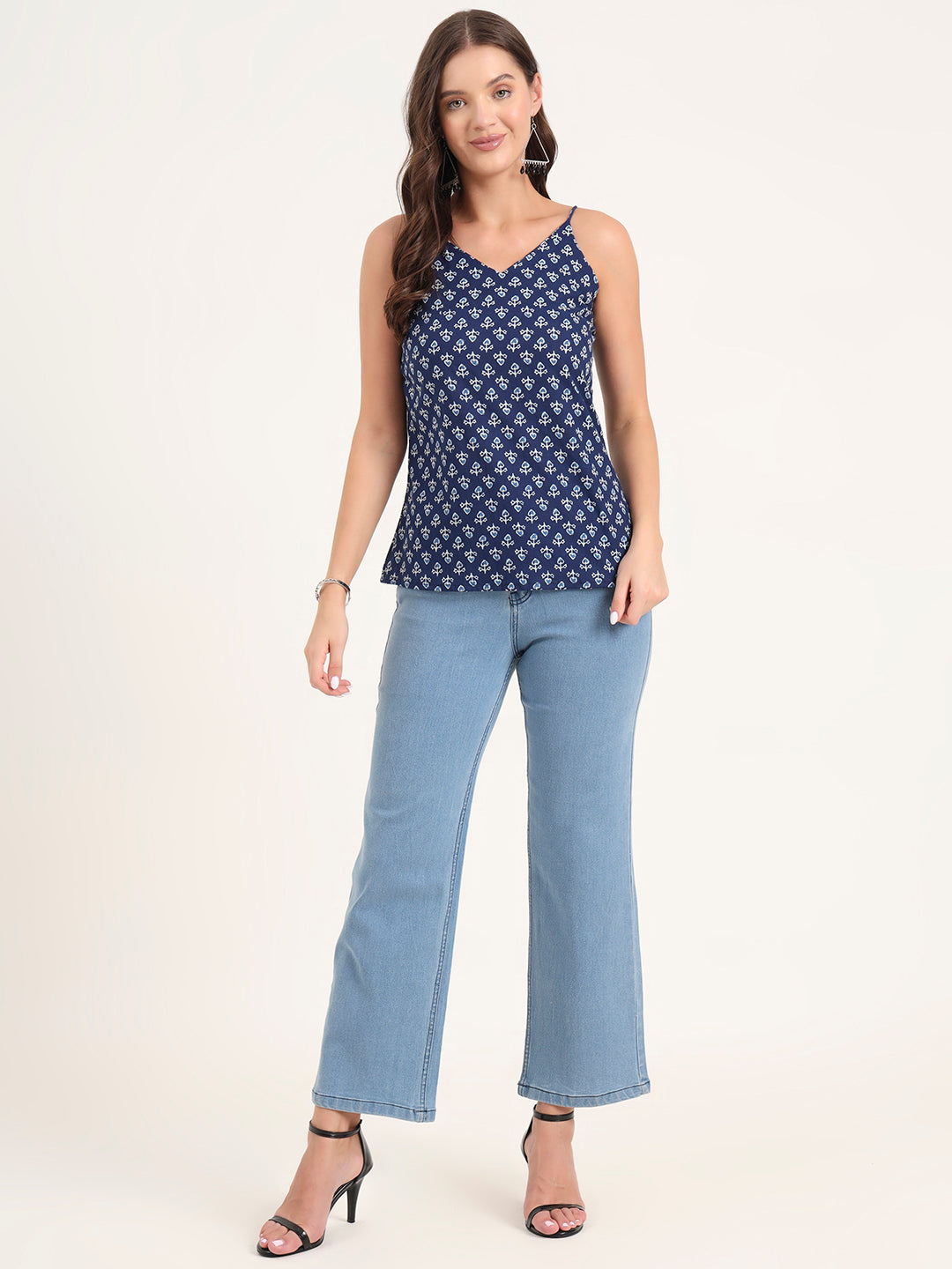 Indigo Printed Cotton Shoulder Strap Top