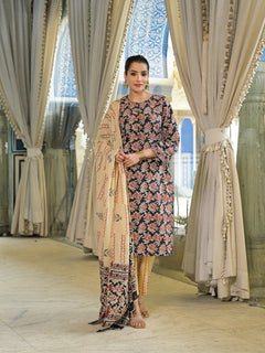 Black Hand Block Cotton Straight Kurta Pant With Dupatta