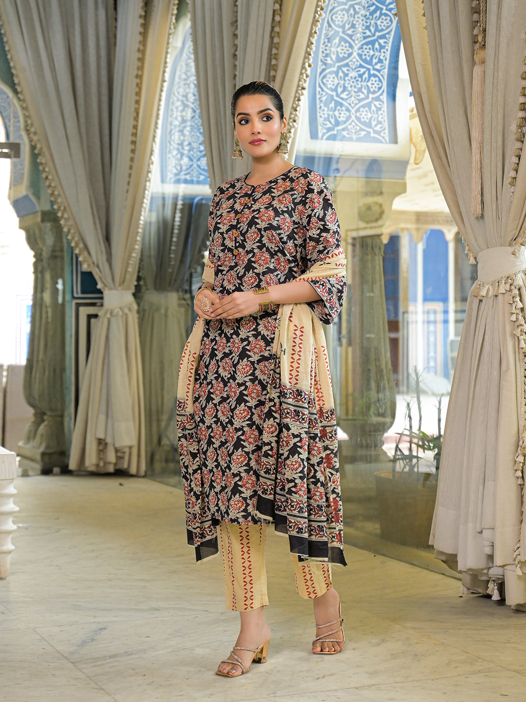 Black Hand Block Cotton Straight Kurta Pant With Dupatta