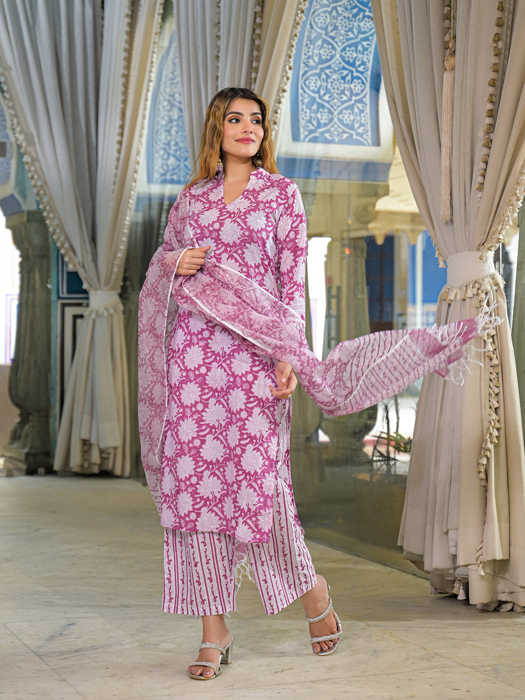 Pink Hand Block Cotton Straight Kurta Pant With Dupatta