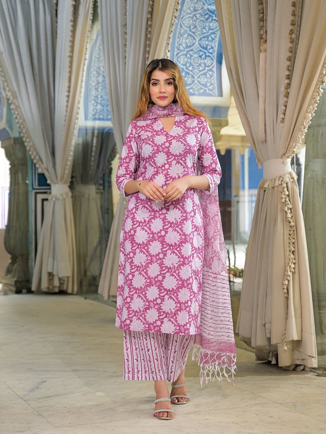 Pink Hand Block Cotton Straight Kurta Pant With Dupatta