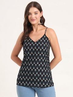 Black Printed Cotton Shoulder Strap Top