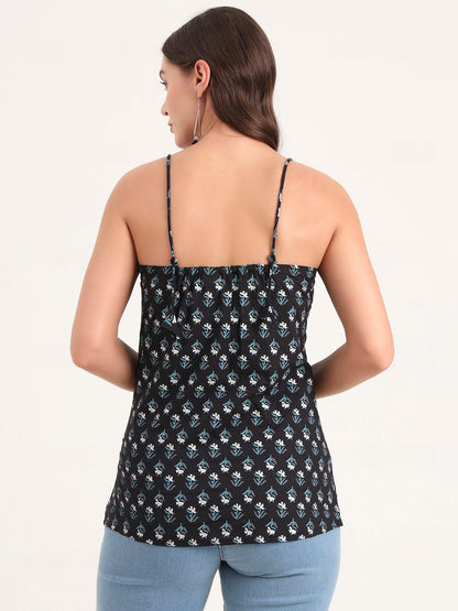 Black Printed Cotton Shoulder Strap Top