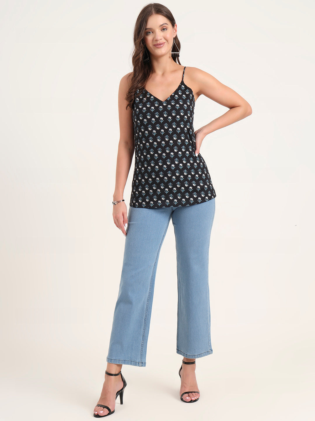 Black Printed Cotton Shoulder Strap Top