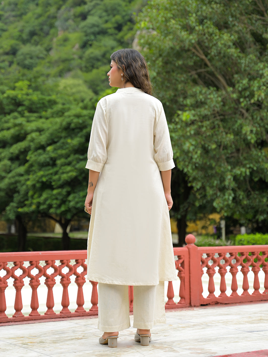 Off White Embroidered Cotton A-line Kurta Pant Sets