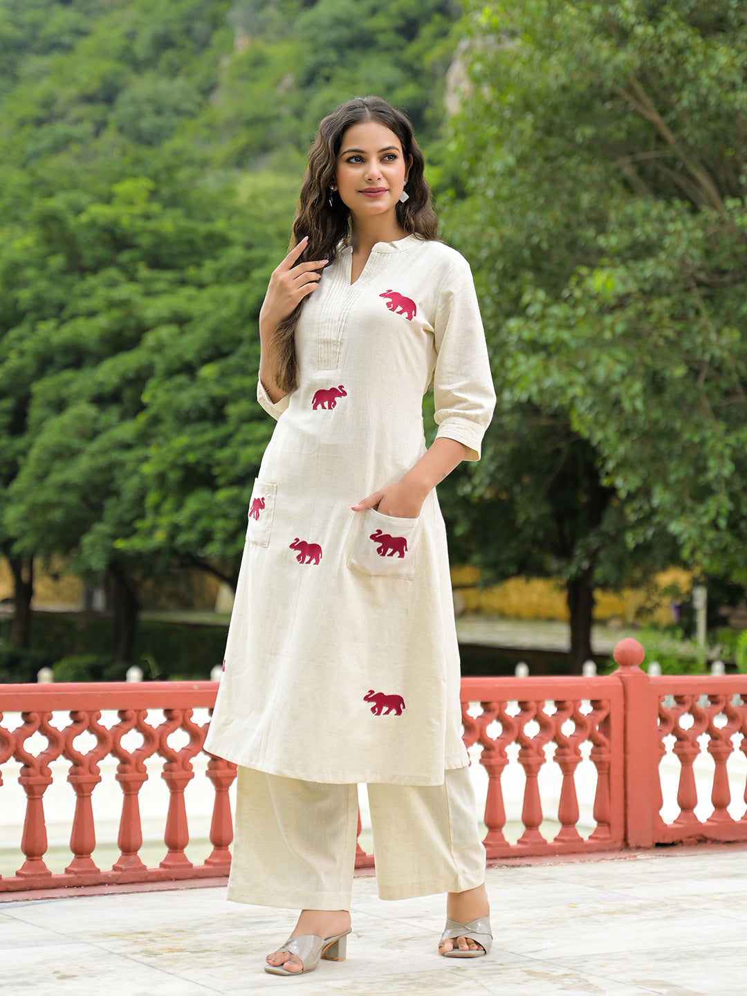 Off White Embroidered Cotton A-line Kurta Pant Sets