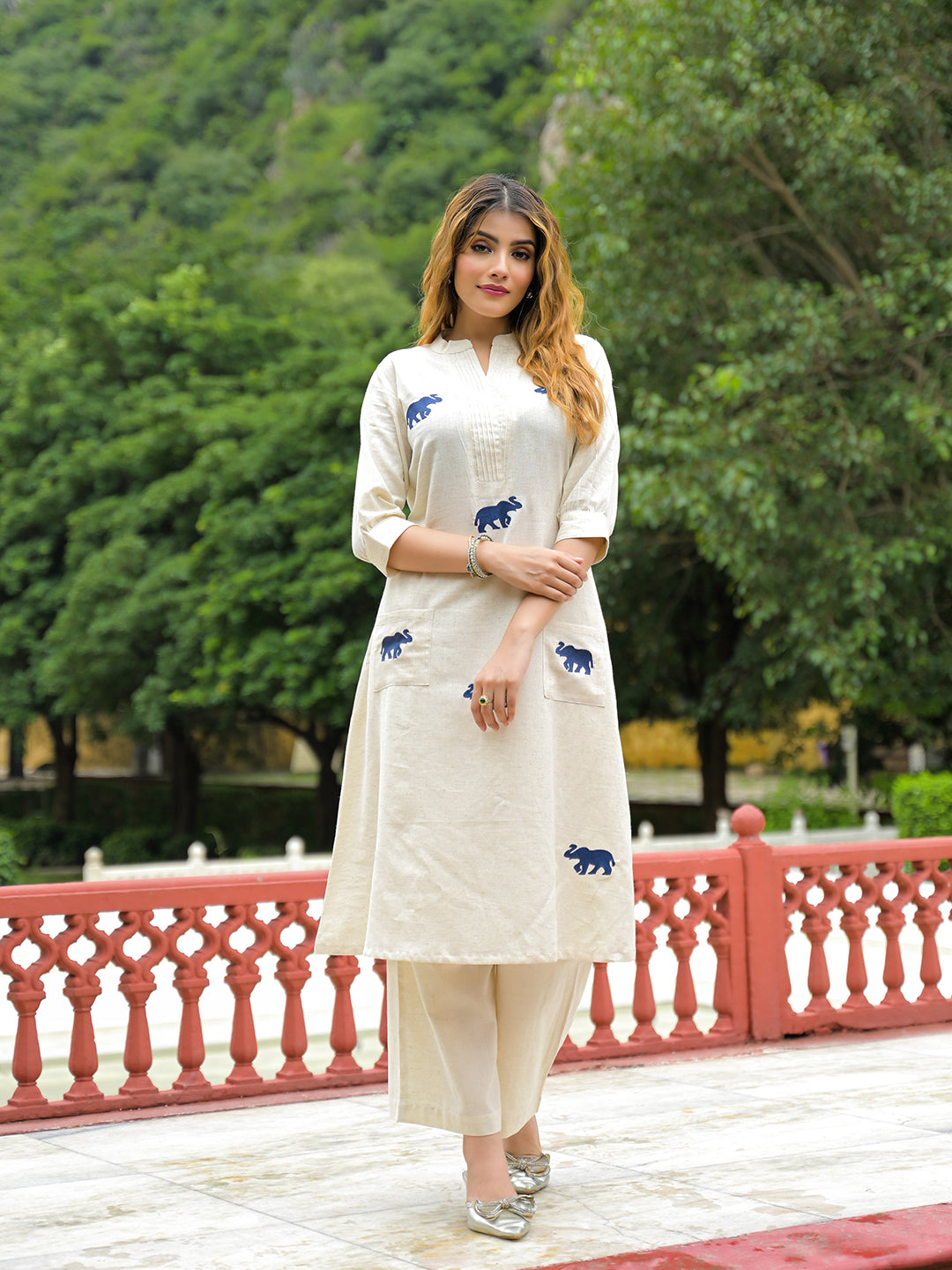 Off White Embroidered Cotton A-line Kurta Pant Sets