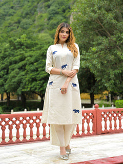 Off White Embroidered Cotton A-line Kurta Pant Sets