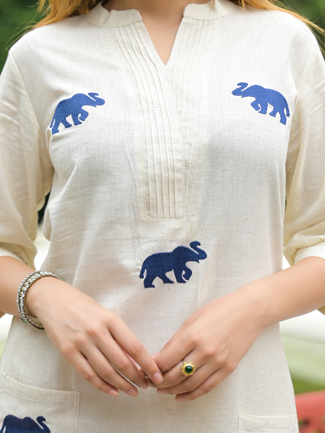 Off White Embroidered Cotton A-line Kurta Pant Sets