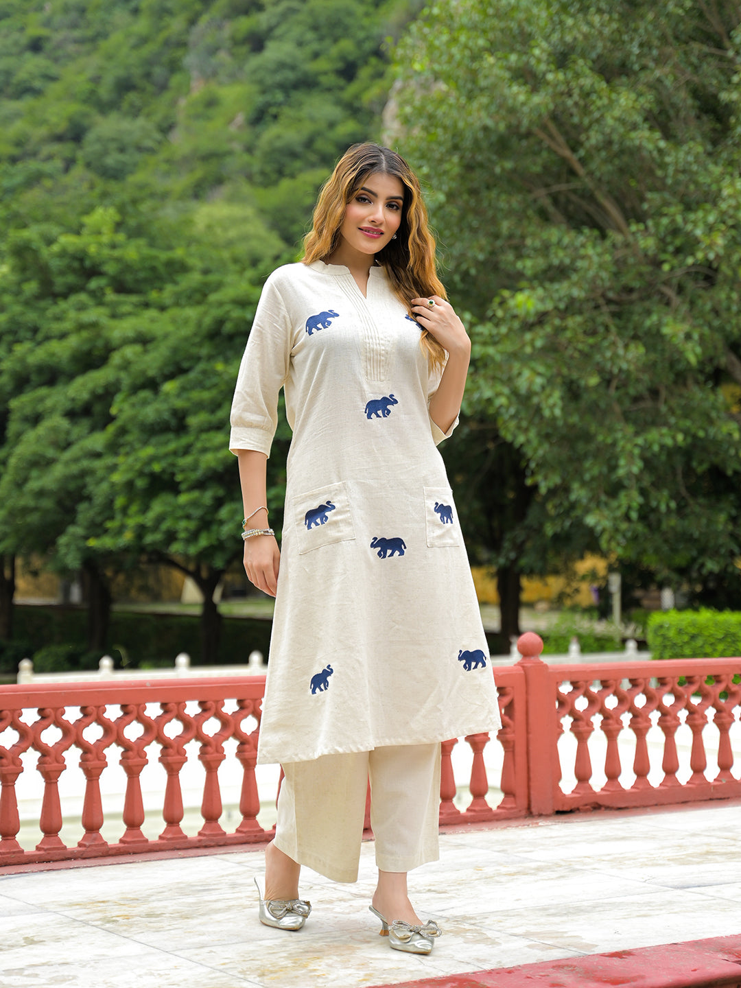 Off White Embroidered Cotton A-line Kurta Pant Sets