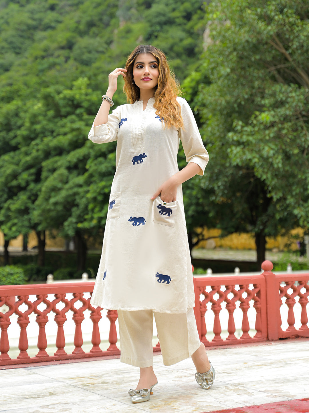 Off White Embroidered Cotton A-line Kurta Pant Sets