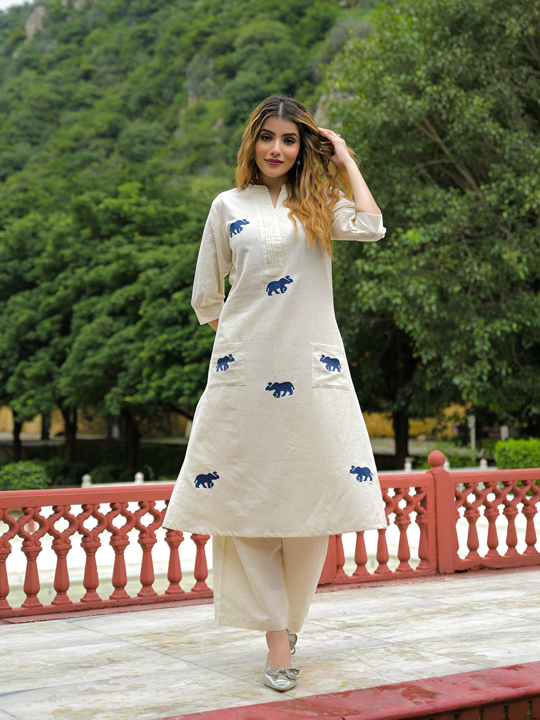 Off White Embroidered Cotton A-line Kurta Pant Sets