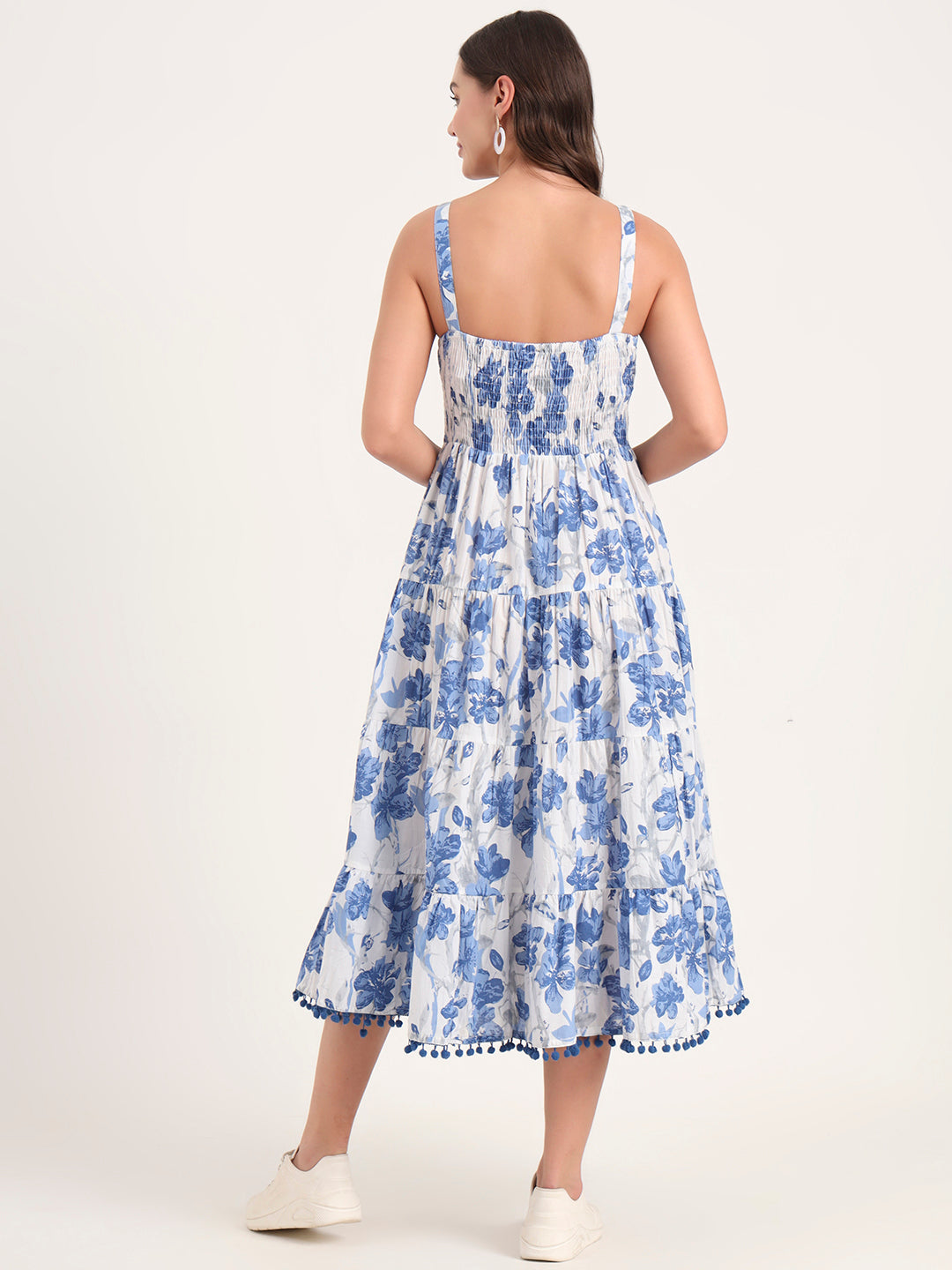 Blue Printed Cotton Shoulder Strap Pompom Dress