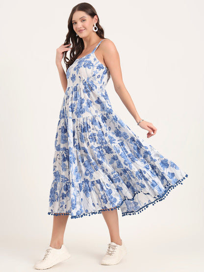 Blue Printed Cotton Shoulder Strap Pompom Dress