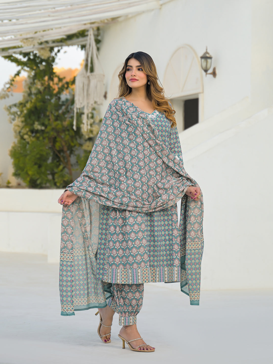 Turquoise Blue A-Line Cotton Kurta Pant Set With Dupatta
