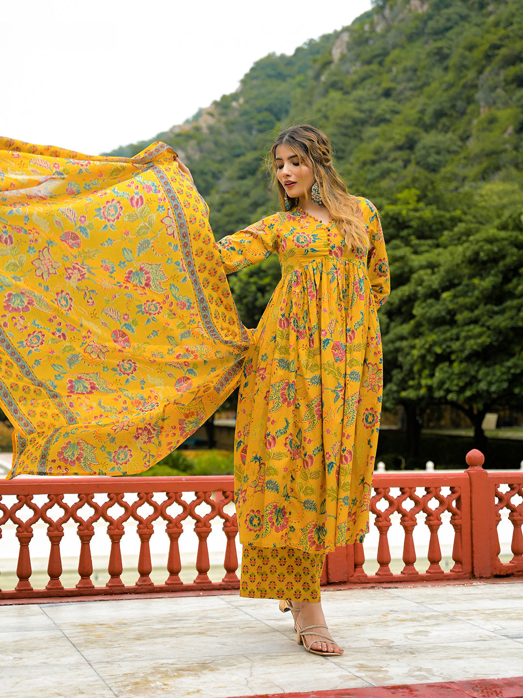 Mustard Floral Print Cotton Anarkali Kurta Pant Set With Dupatta