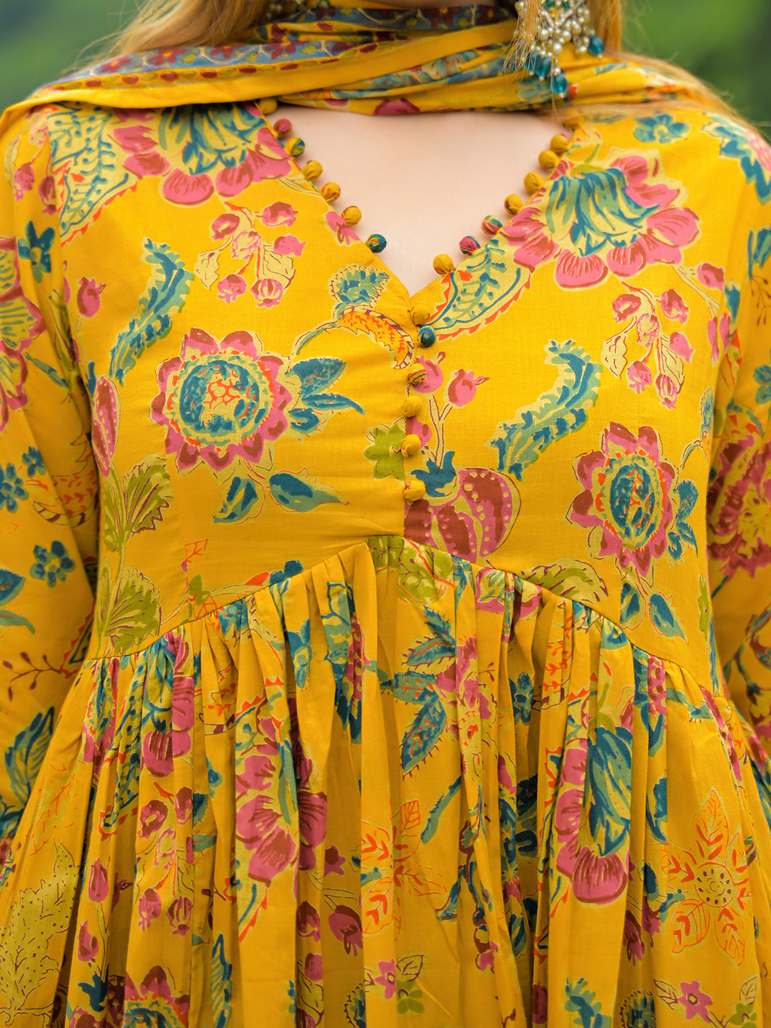 Mustard Floral Print Cotton Anarkali Kurta Pant Set With Dupatta
