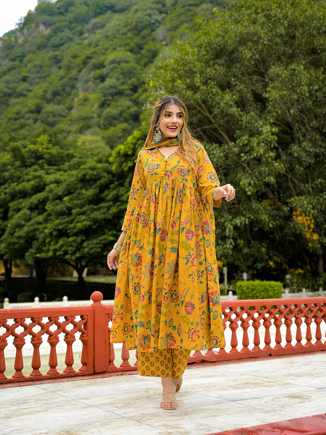 Mustard Floral Print Cotton Anarkali Kurta Pant Set With Dupatta