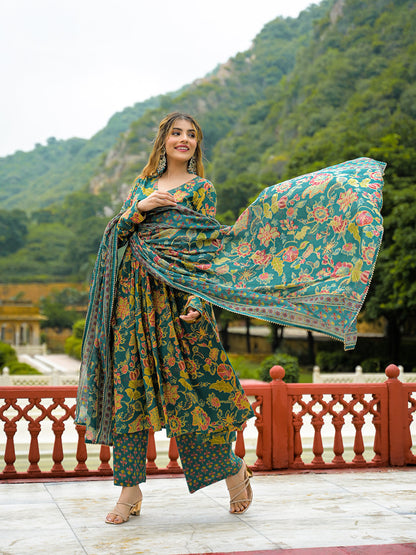 Dark Green Cotton Straight Kurta Pant With Dupatta