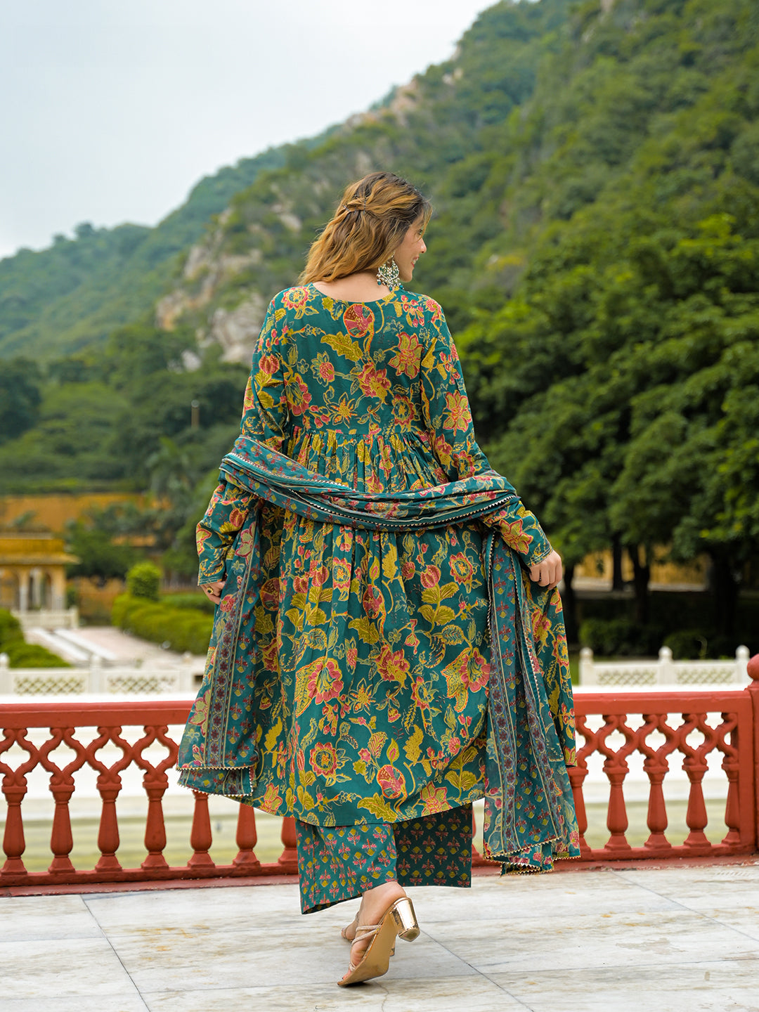 Dark Green Cotton Straight Kurta Pant With Dupatta