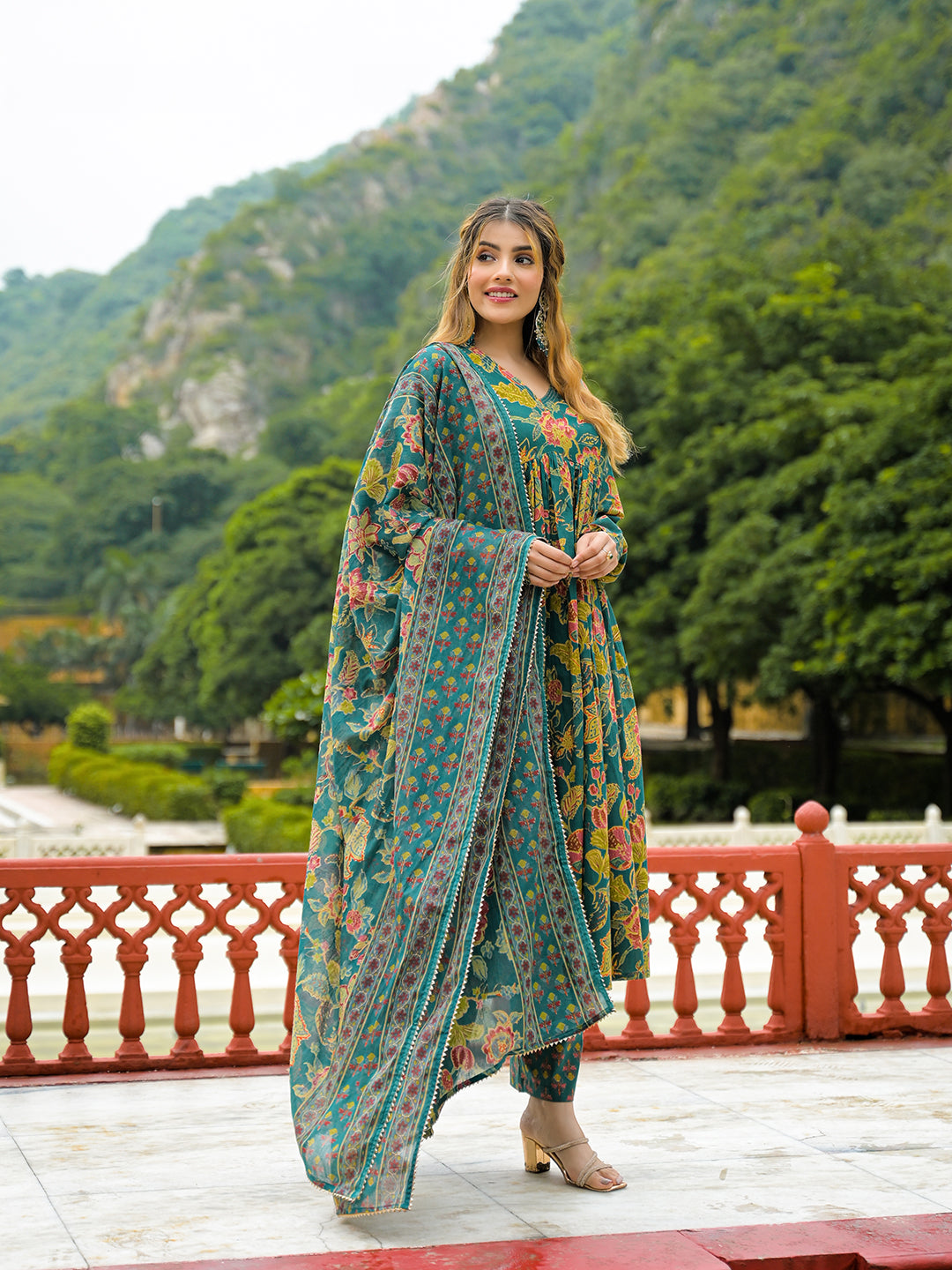 Dark Green Cotton Straight Kurta Pant With Dupatta
