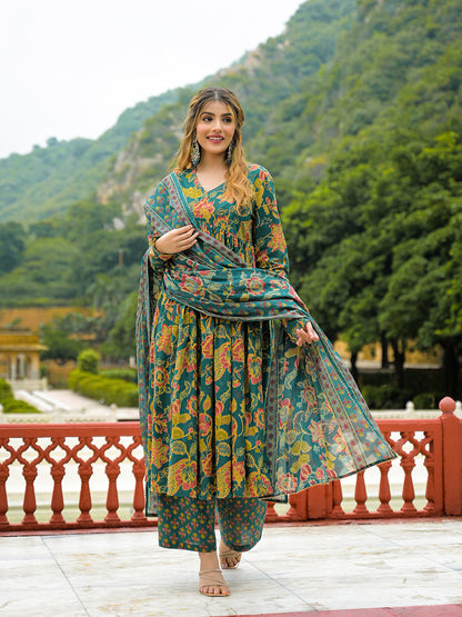 Dark Green Cotton Straight Kurta Pant With Dupatta