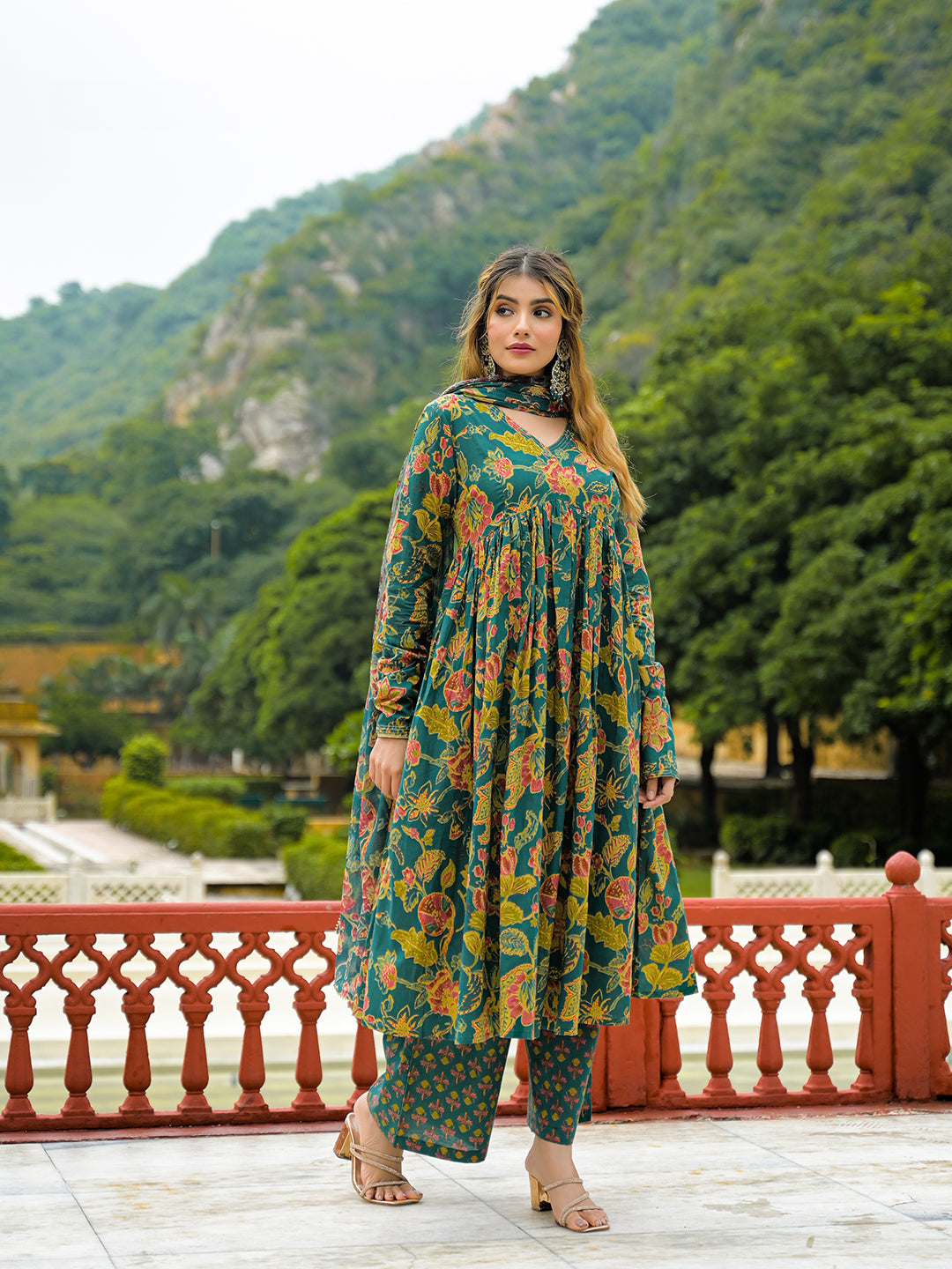 Dark Green Cotton Straight Kurta Pant With Dupatta