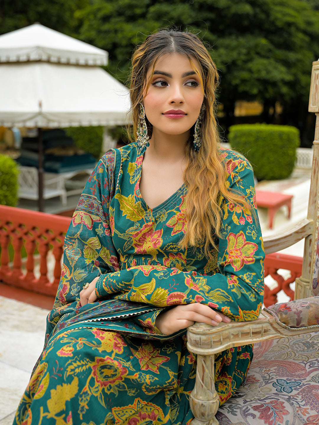 Dark Green Cotton Straight Kurta Pant With Dupatta