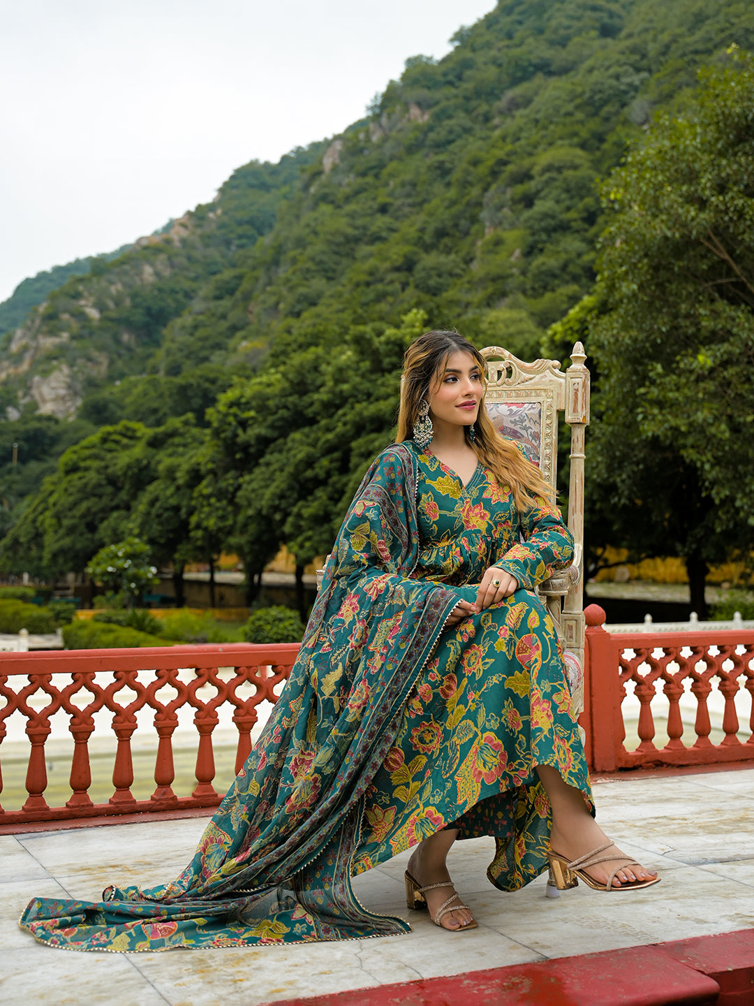 Dark Green Cotton Straight Kurta Pant With Dupatta