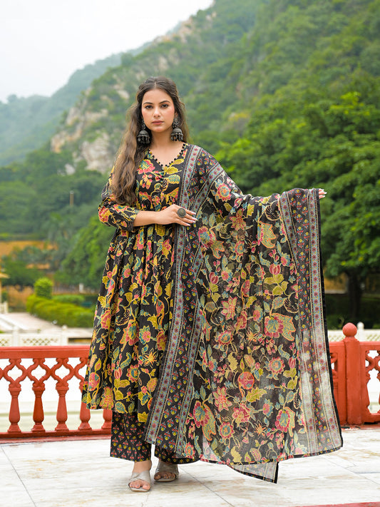 Black Cotton Straight Kurta Pant With Dupatta