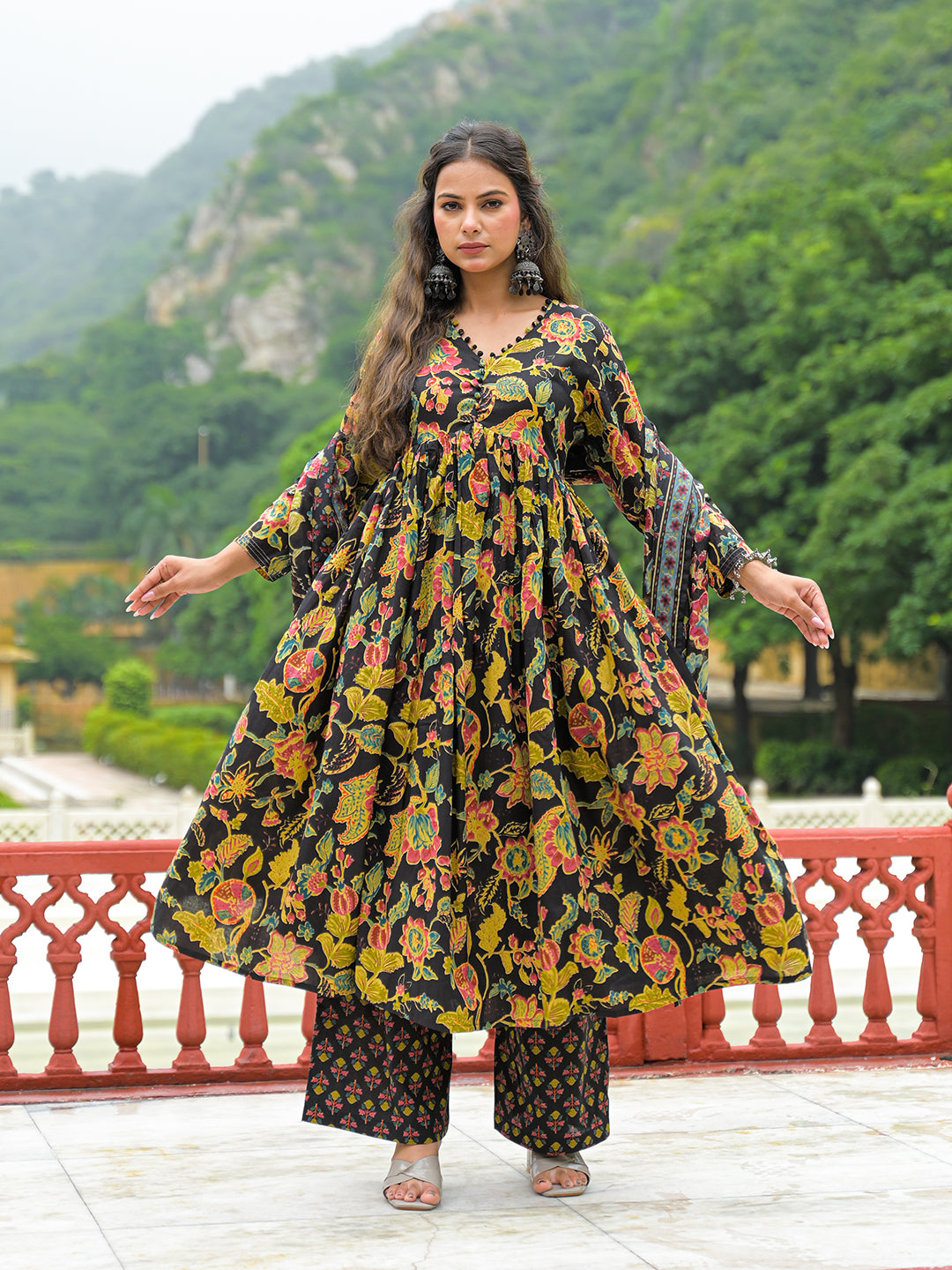 Black Cotton Straight Kurta Pant With Dupatta