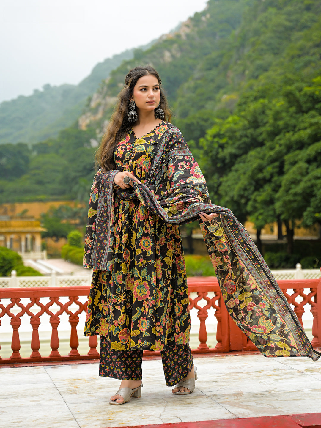 Black Cotton Straight Kurta Pant With Dupatta