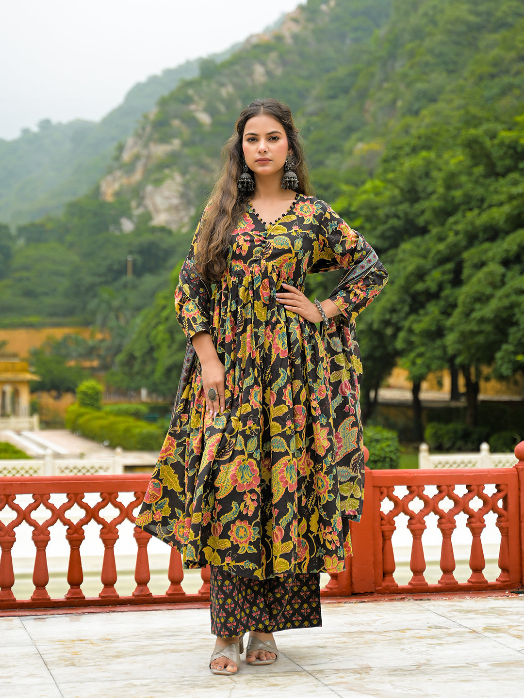 Black Cotton Straight Kurta Pant With Dupatta