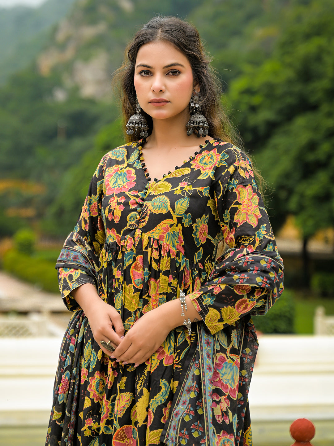 Black Cotton Straight Kurta Pant With Dupatta
