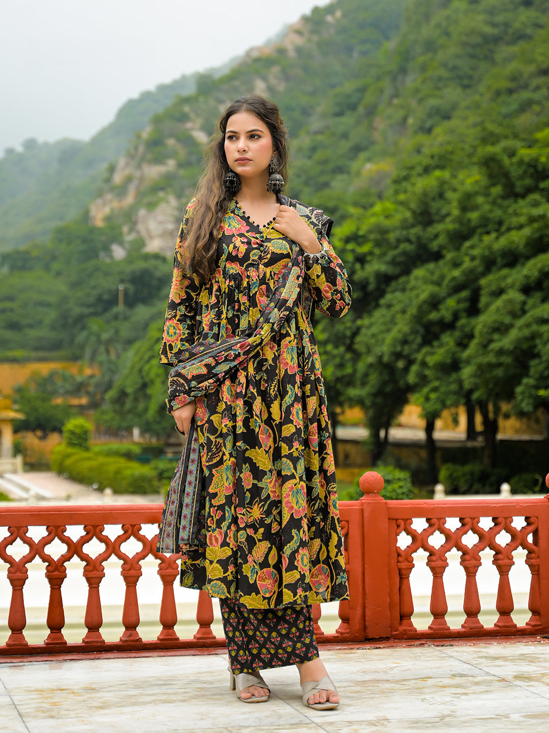 Black Cotton Straight Kurta Pant With Dupatta