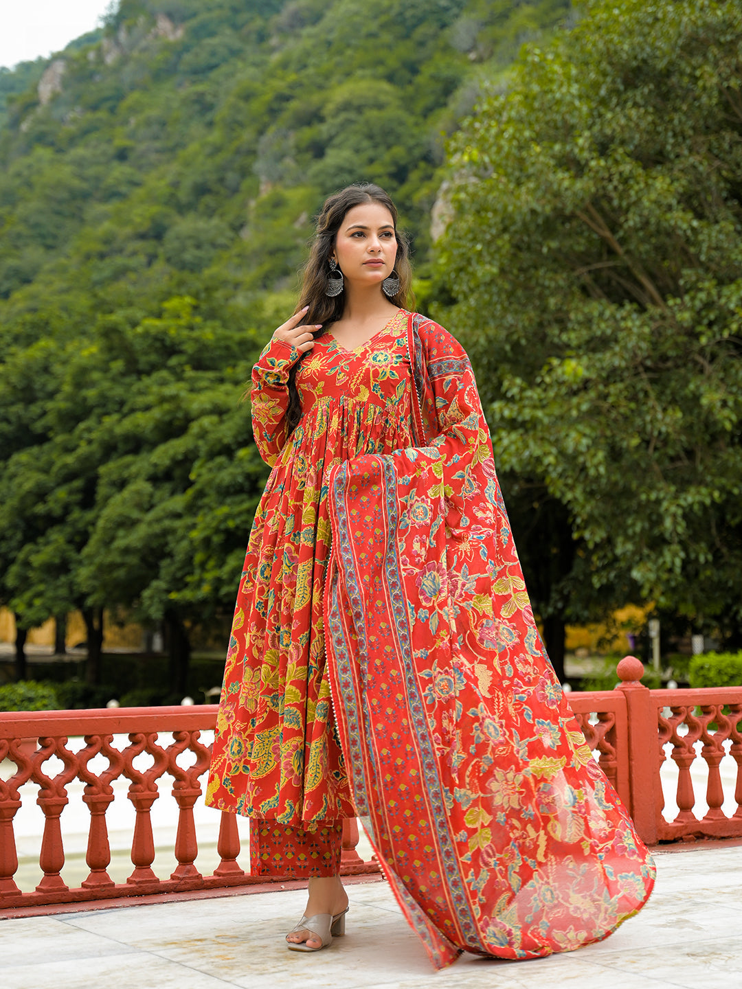 Red Cotton Straight Kurta Pant With Dupatta