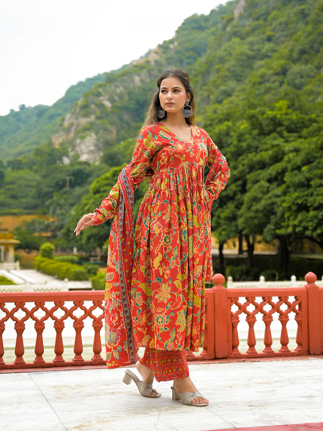 Red Cotton Straight Kurta Pant With Dupatta