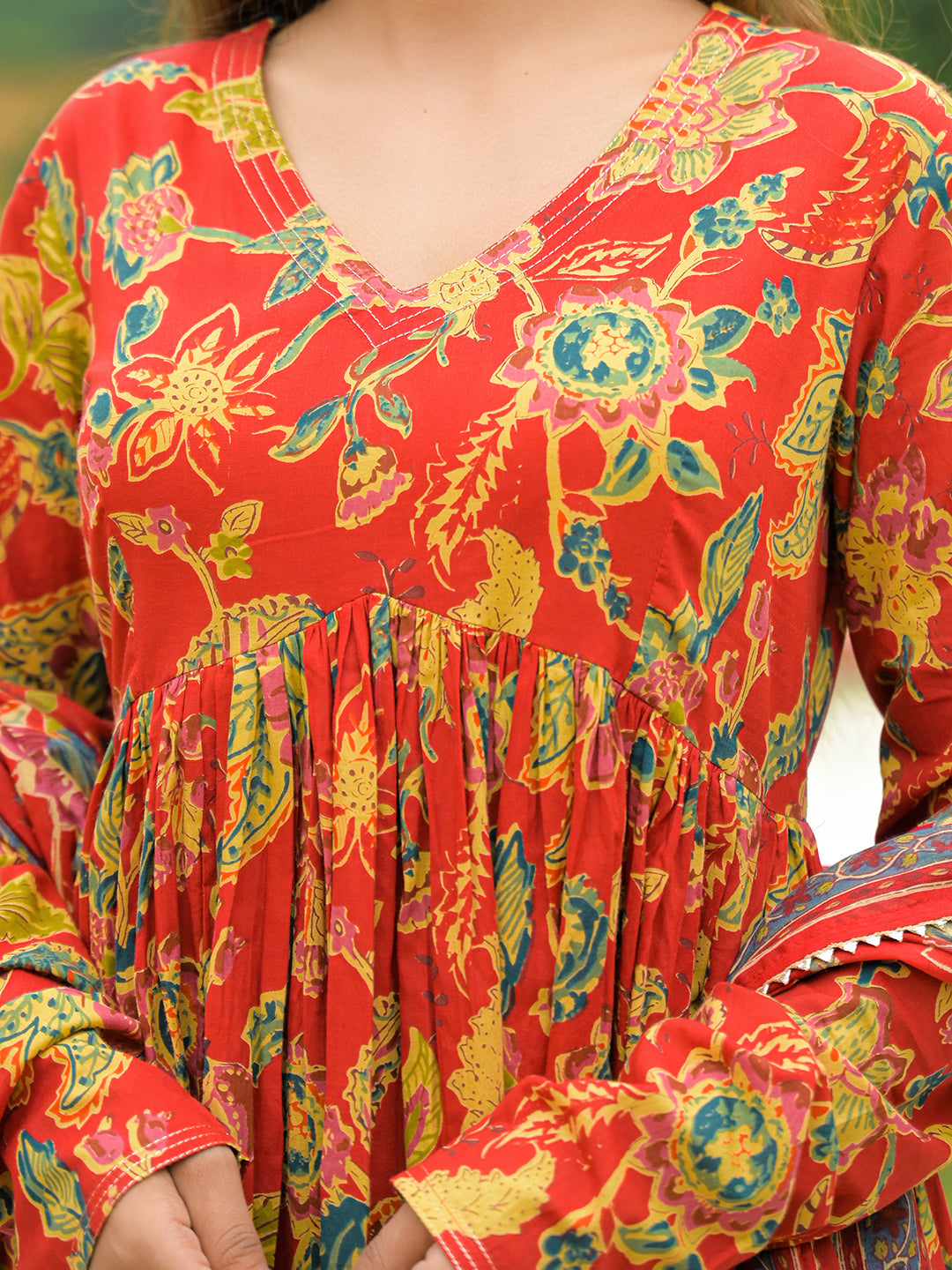 Red Cotton Straight Kurta Pant With Dupatta