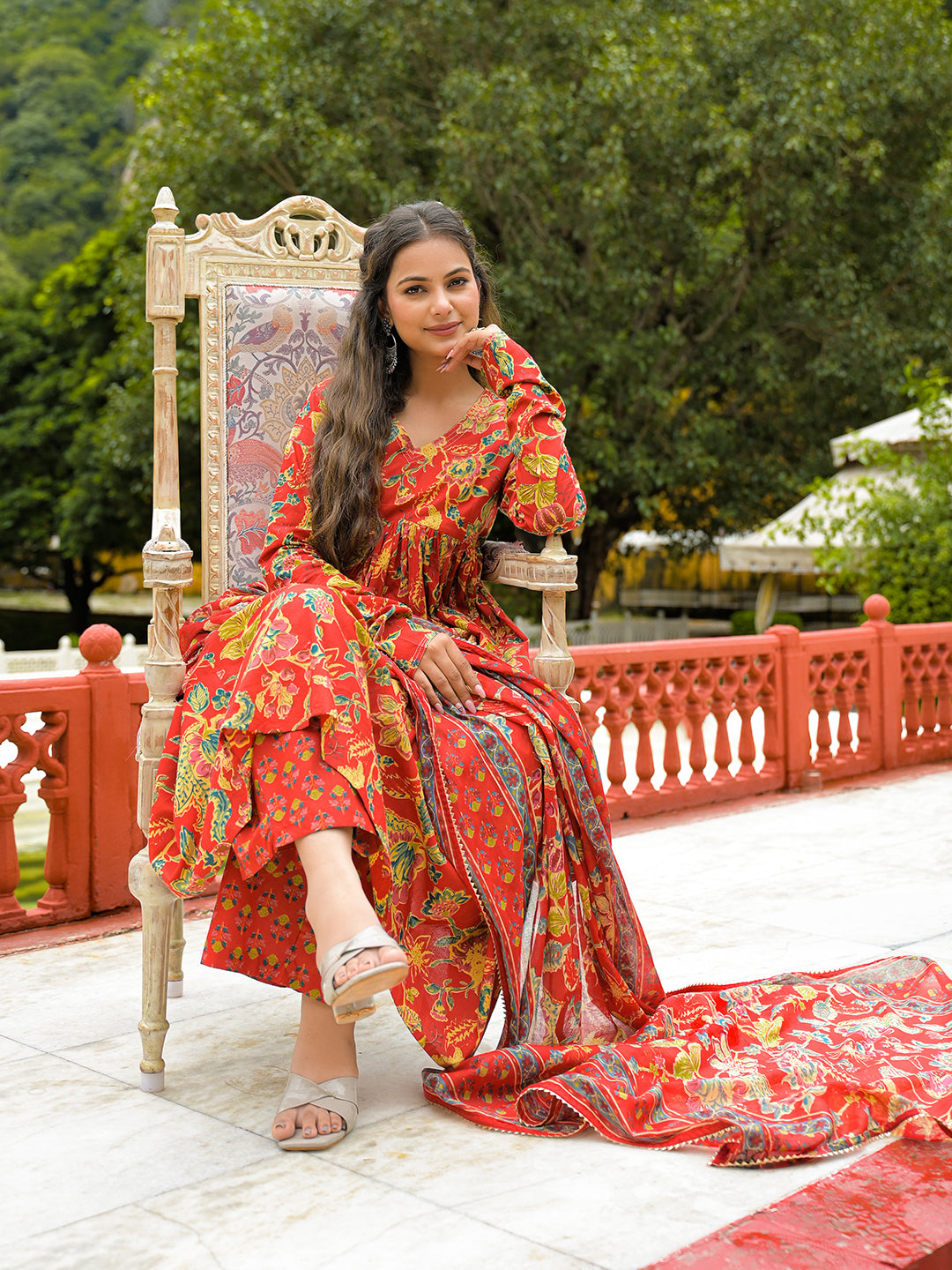Red Cotton Straight Kurta Pant With Dupatta