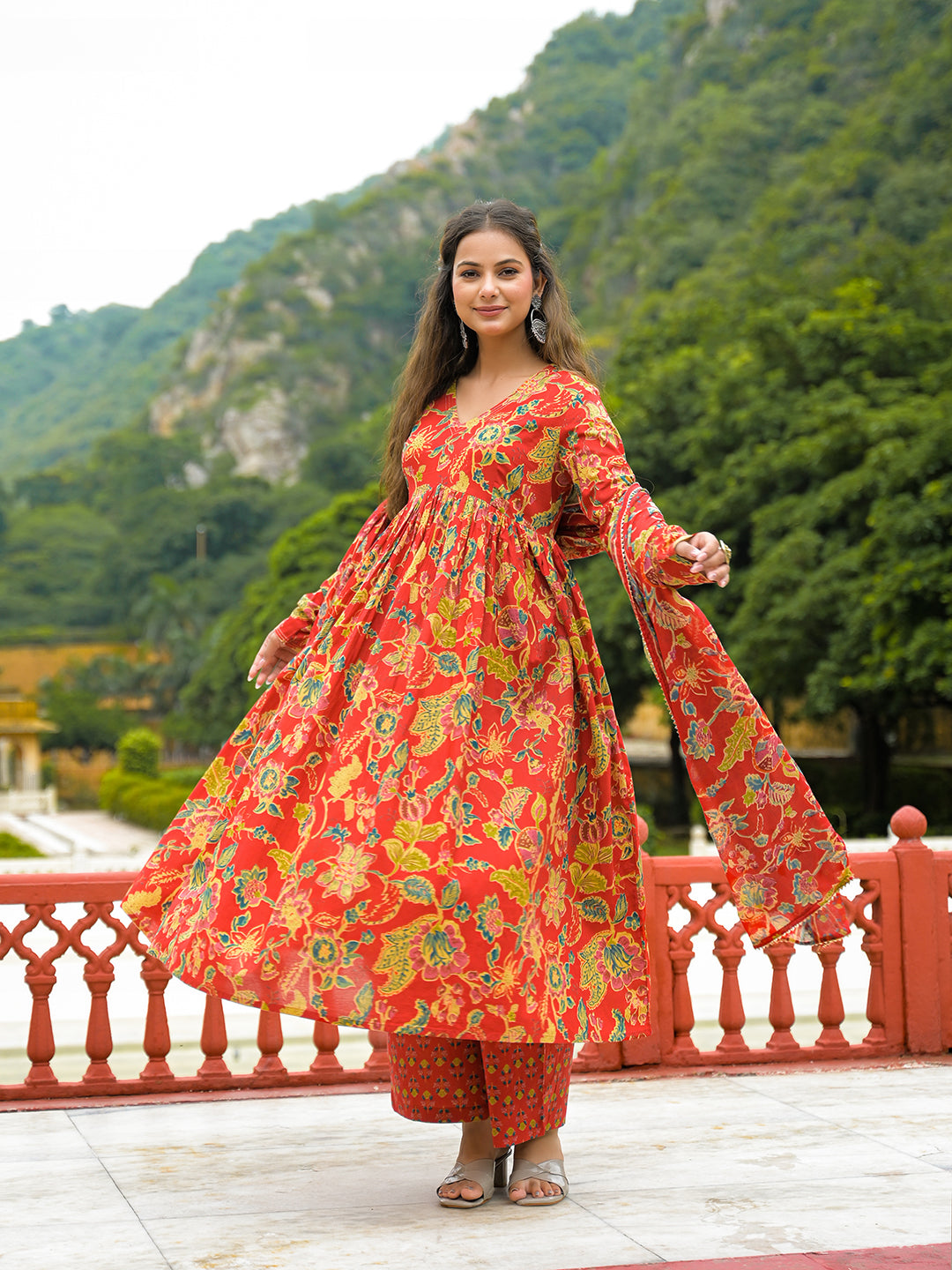 Red Cotton Straight Kurta Pant With Dupatta