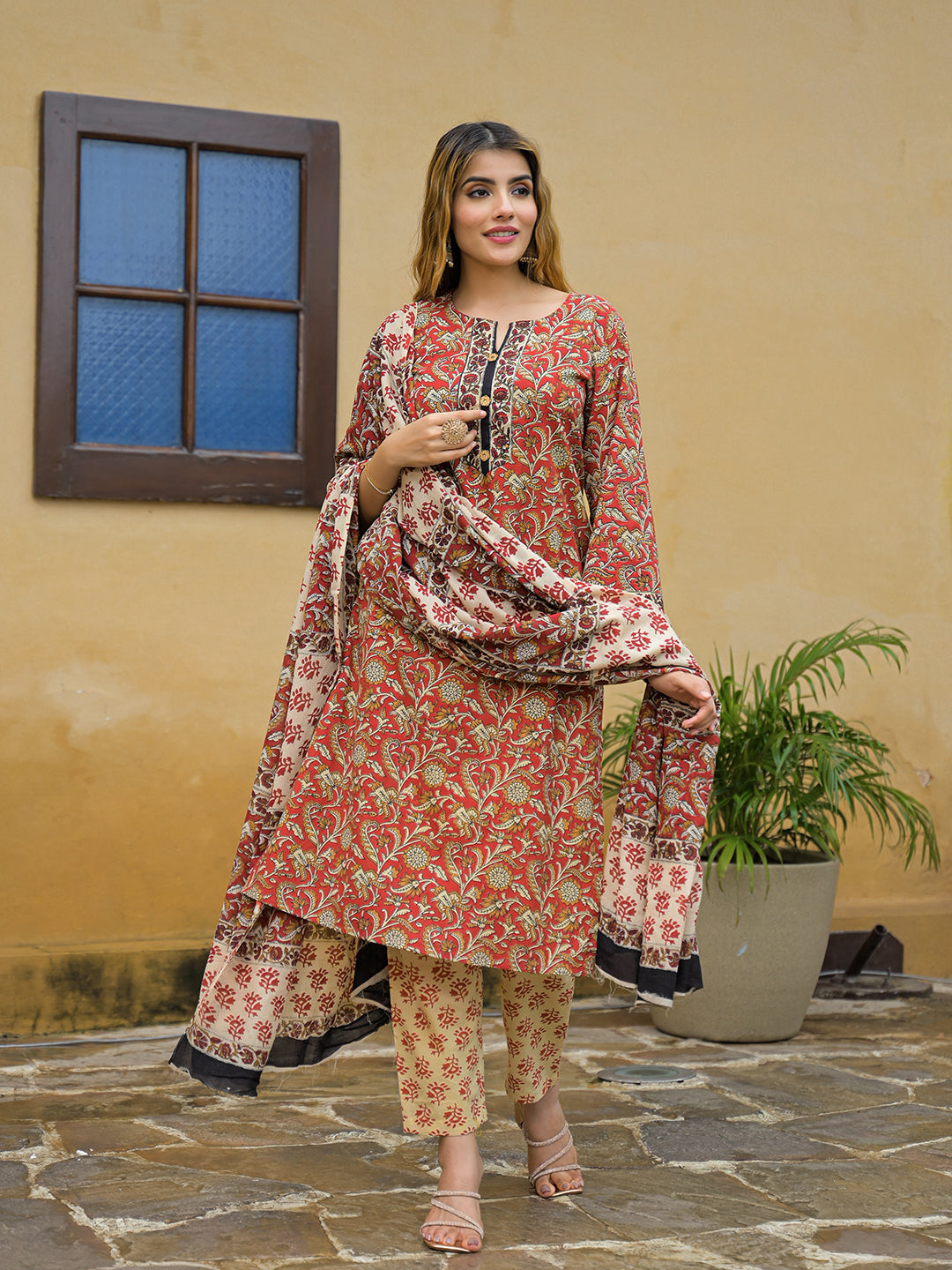 Maroon Hand Block Cotton Straight Kurta Pant With Dupatta